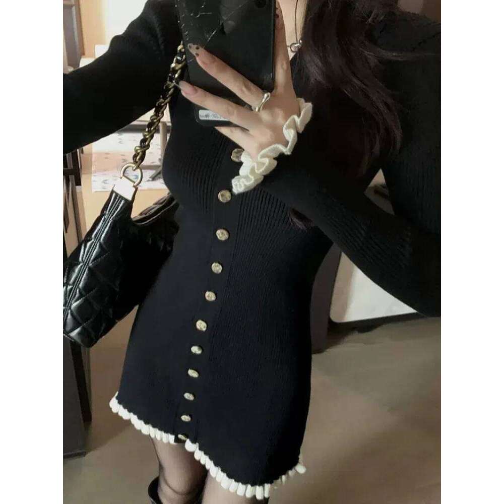 Women Knit Mini Dress Black Polo V Neck Button Cream Ruffle Long Sleeve Elegant Slim Fit 2026 Lady Spring Robe Daily Commute C260312