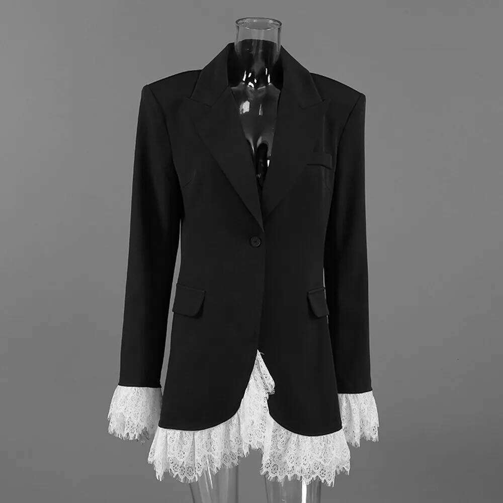 BKLD 2025 Autumn New Sexy V-Neck Lace Patchwork Black Dress Elegant Temperament Long Sleeve Blazer Short Dresses Women Clothing C260311