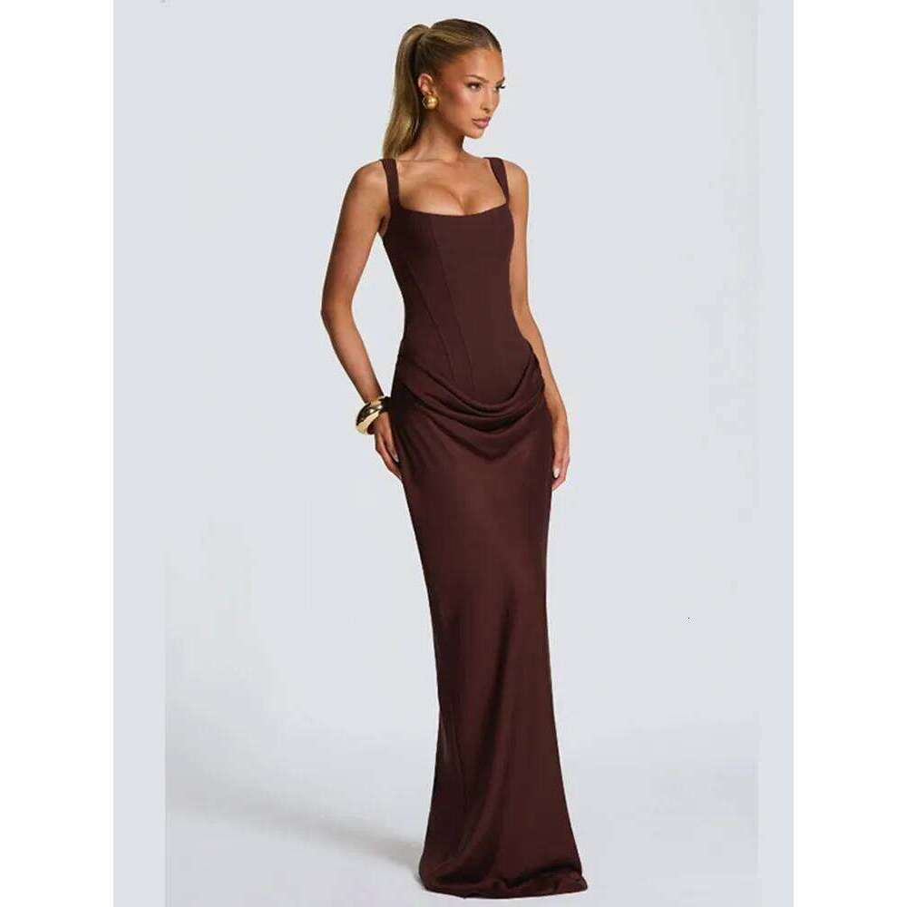 Brown Sexy Pleated Mini Dress Women Fashion Square-neck Sleeveless Bodycon Backless High Waist Dresses New Lady Party Club Robe C260311