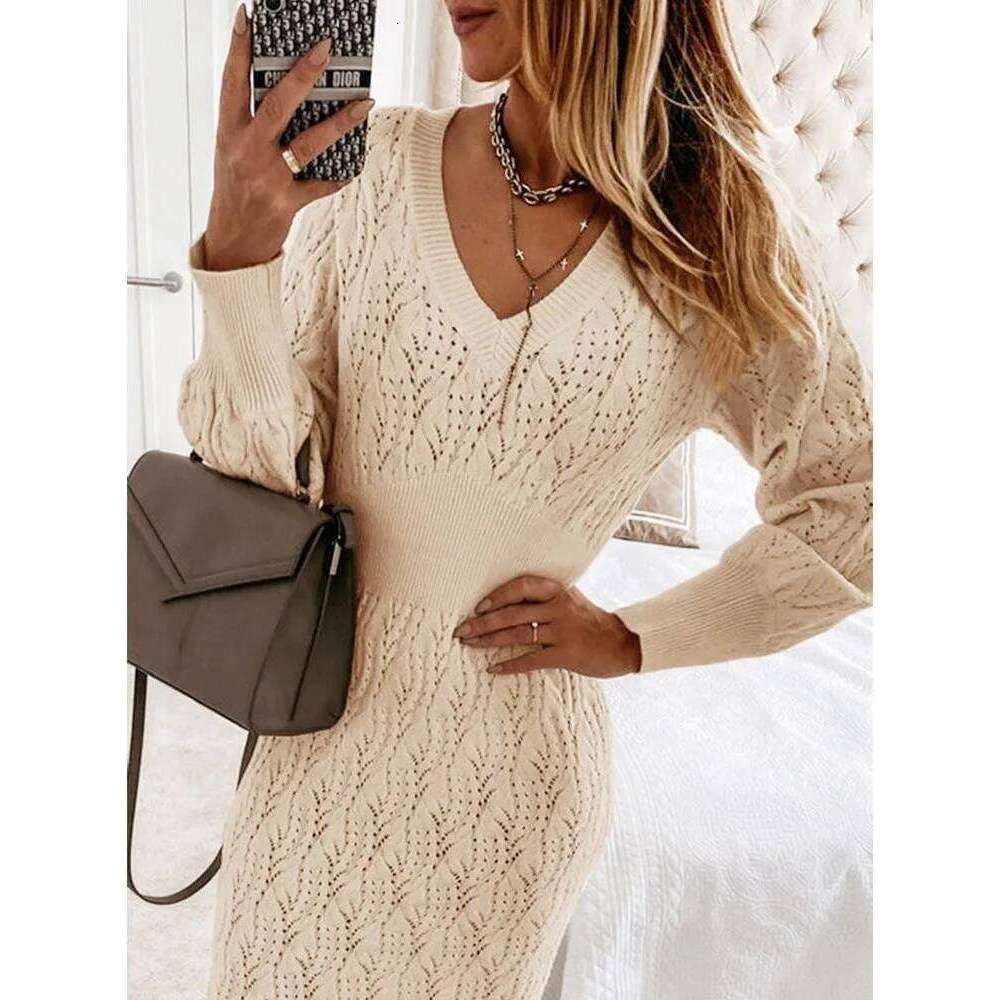 Autumn Women's New Warm Sleeved Knitted Shirt Sexy Slim Fit Hollow Out Hip Hugging Casual Comfortable Long Skirt C260312
