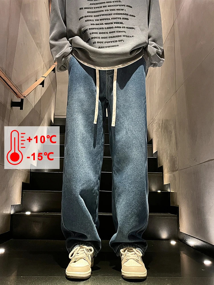 Mens Winter Jeans FleeceLined Brushed Thick Warm Denim Pants Korean Style Straight Fit Insulated Trousers Asians Size M3XL 260228