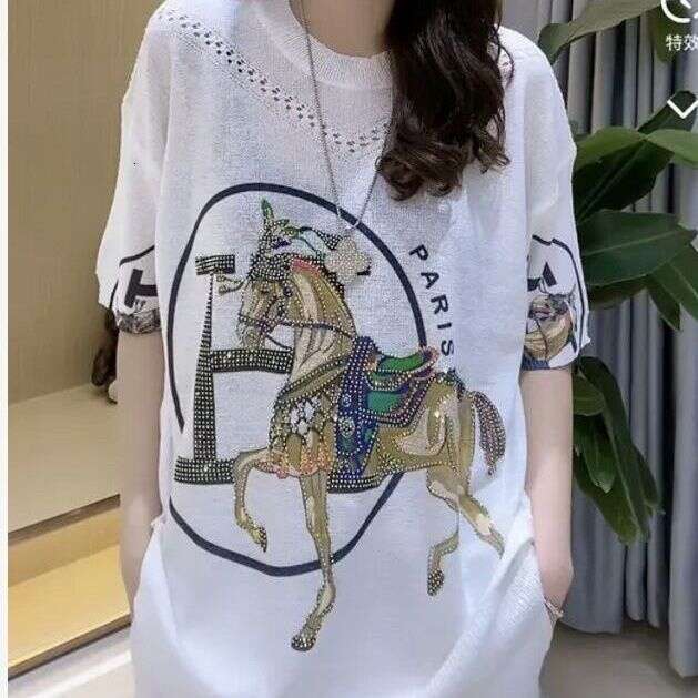 Thin Summer Heavy-Duty European-Style Rhinestone-Embellished White Printed Knitted Pullover Short-Sleeve Top Asia Size