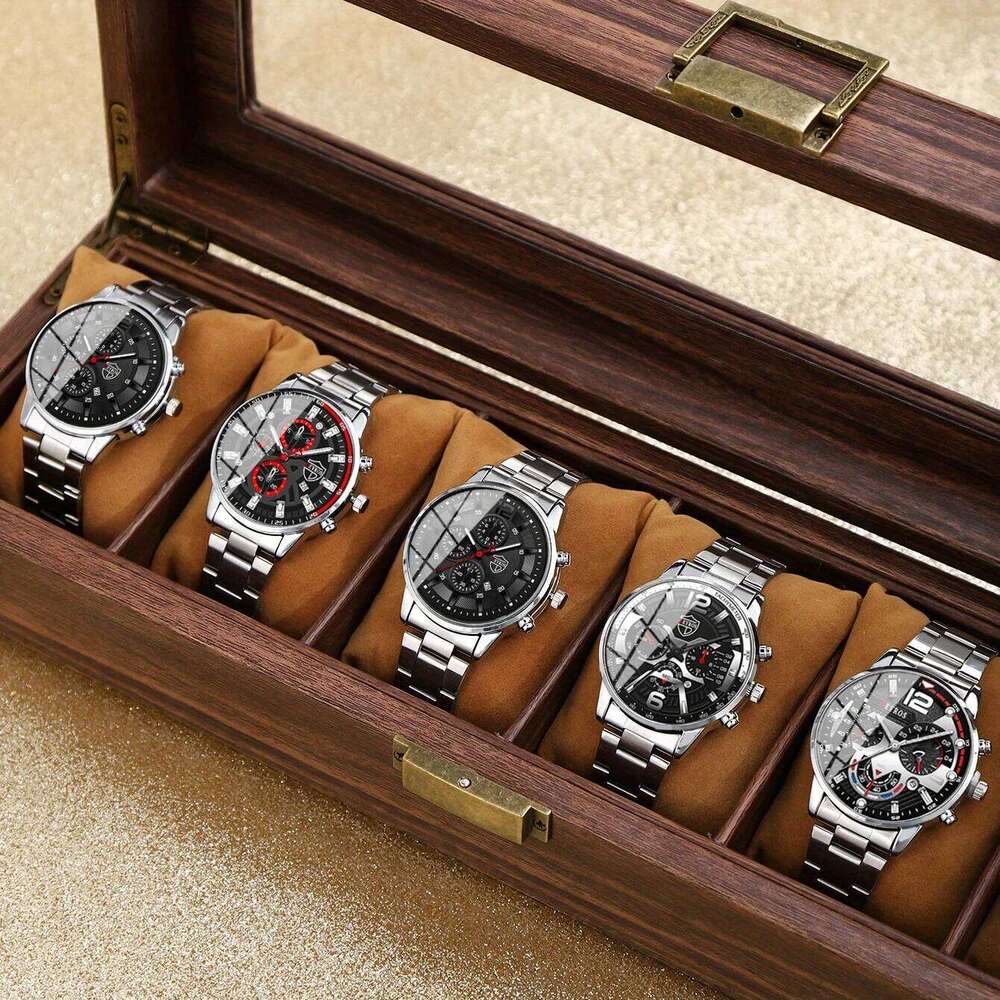 5Pcs/Set Fashion Silver Alloy Men's Set with Date Display Quartz Wrist Watch Mens Set, Gift for Friends
