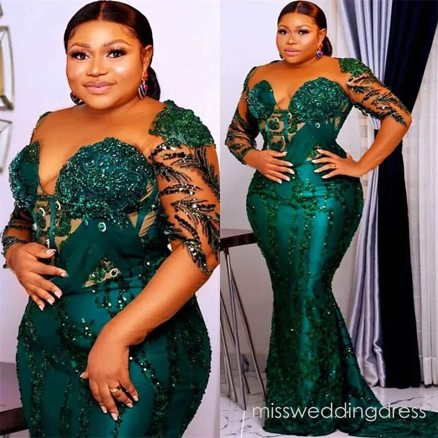 Elegant Mermaid Emerald Green Evening Dresses Sequins Beaded Sleeves Glitter Prom Satin Long Mother Of The Bride Dress Women Formal Wear O20