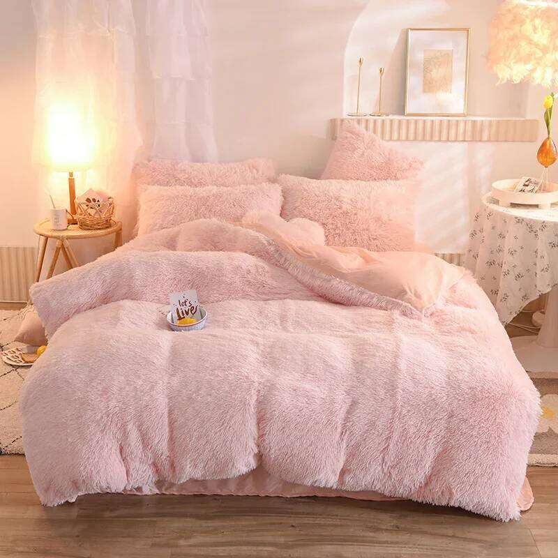 Nordic Pure Color Plush Duvet Cover with Sheet Pillow Covers Furry Winter Warm Kawaii Bedding Set Single Bed Sets H260312