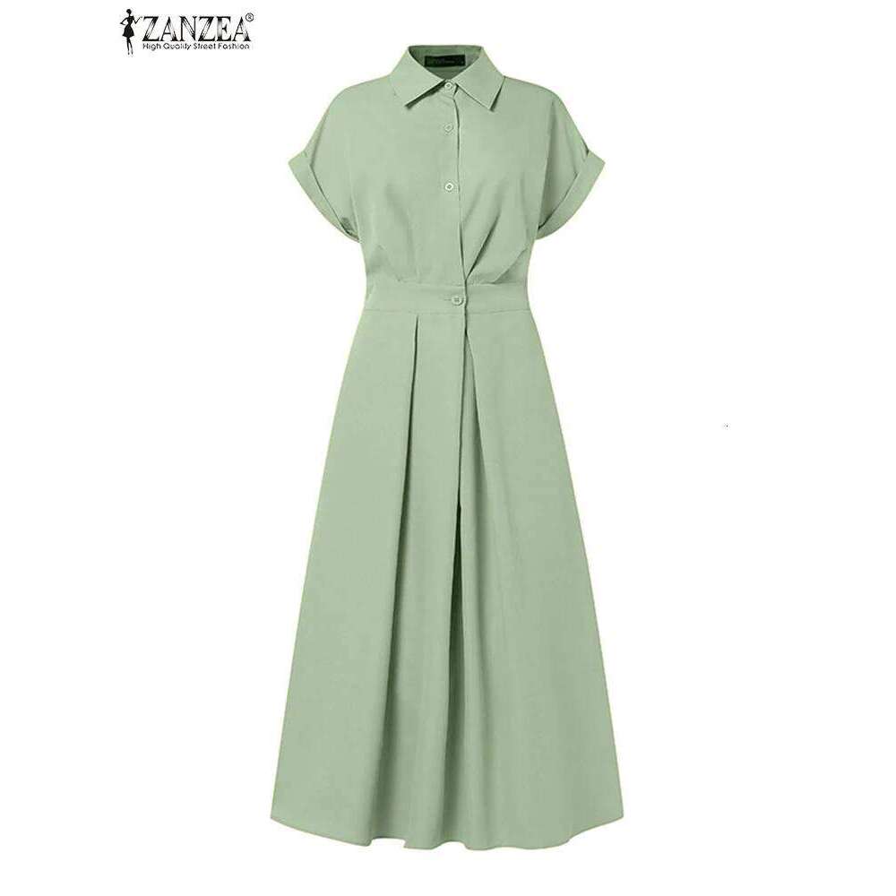 ZANZEA Women Summer Dress Elegant Short Sleeve Work OL Sundress Casual Solid A Line Buttons Holiday Vestidos Kaftan Robe Femme C260312