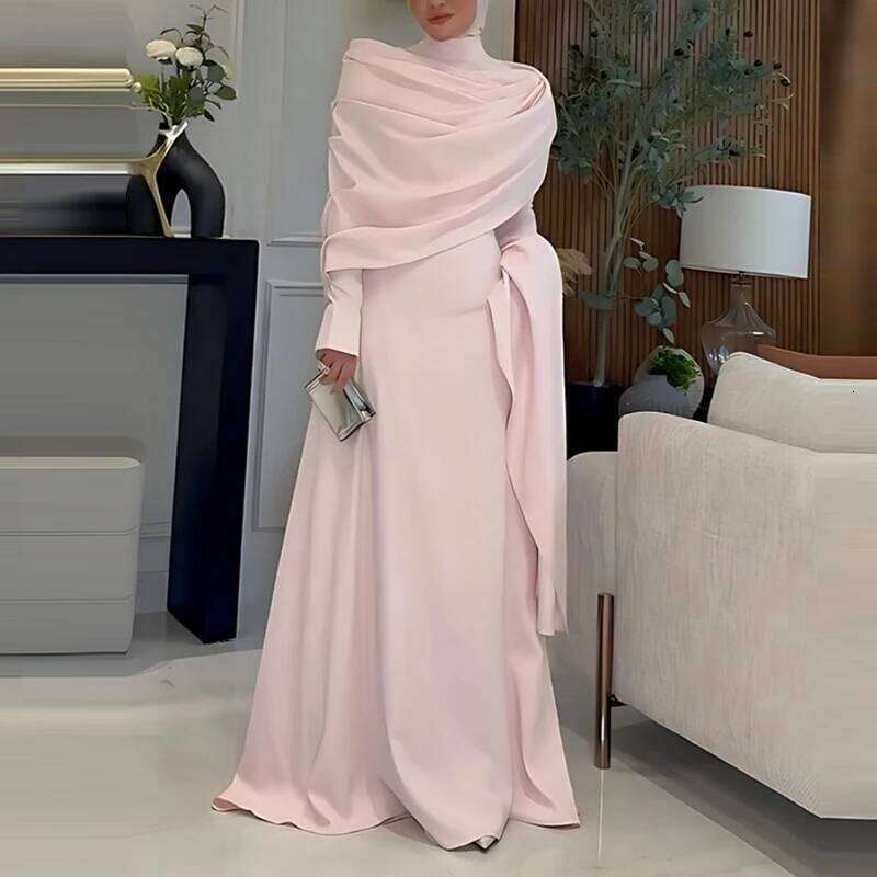 Women's Casual Sleeve Draped Gowns Elegant Cape Design Long Dresses Fashion Stand Collar Irregular Floor Length Dress C260312