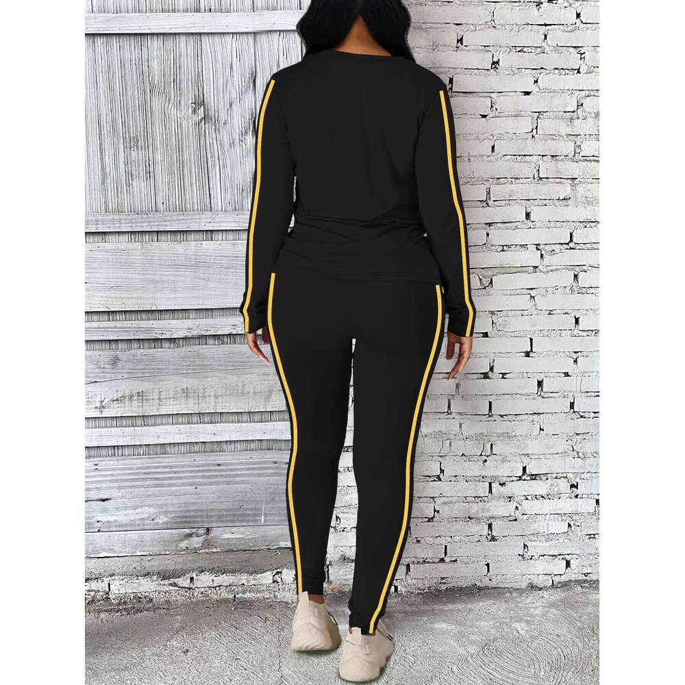 Spring Summer Women's Two-Piece Set Side Stripe Long Sleeve Pants Yoga Sportswear round Neck Breathable Casual Home Clothes C260312