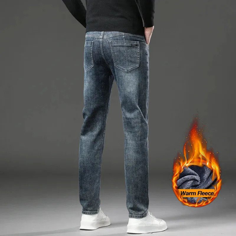 Winter Fleece Lined Warm Mens Jeans Slim Straight Korean Velvet Denim Pants Retro Soft Thick Casual Trousers Daily Outdoor Wear 260228