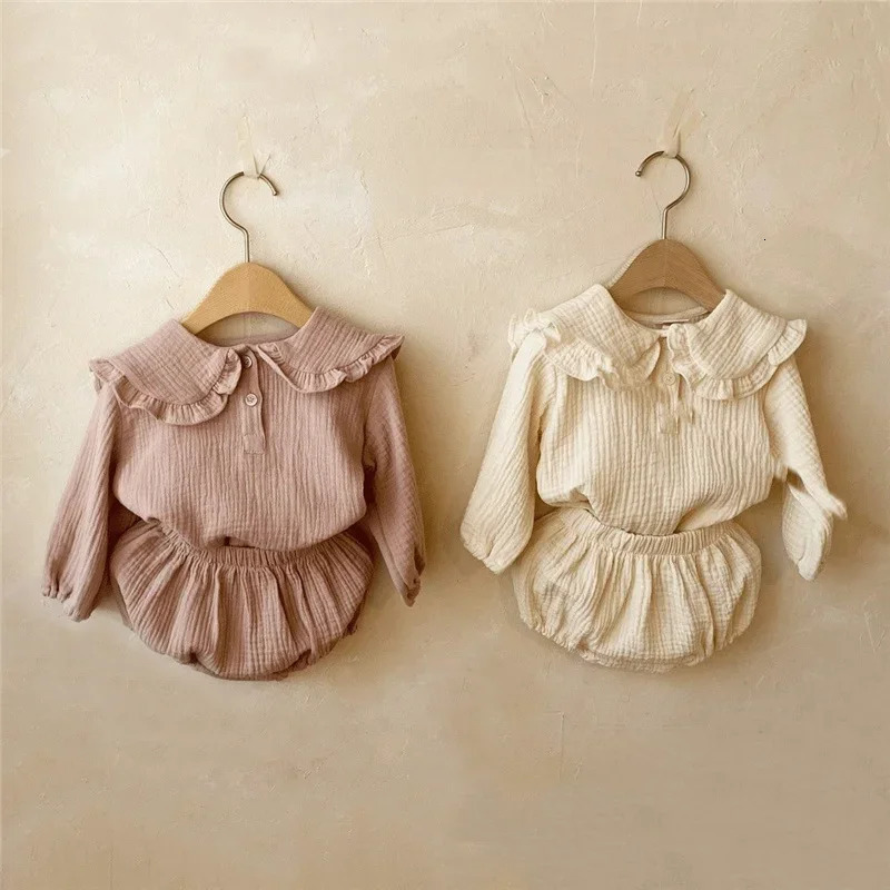 2pcs born Baby Girls Clothes Organic Cotton Ruffled Collar Lapel Long Sleeve Shirt Top Bread Pants Korean Casual Clothing 260311