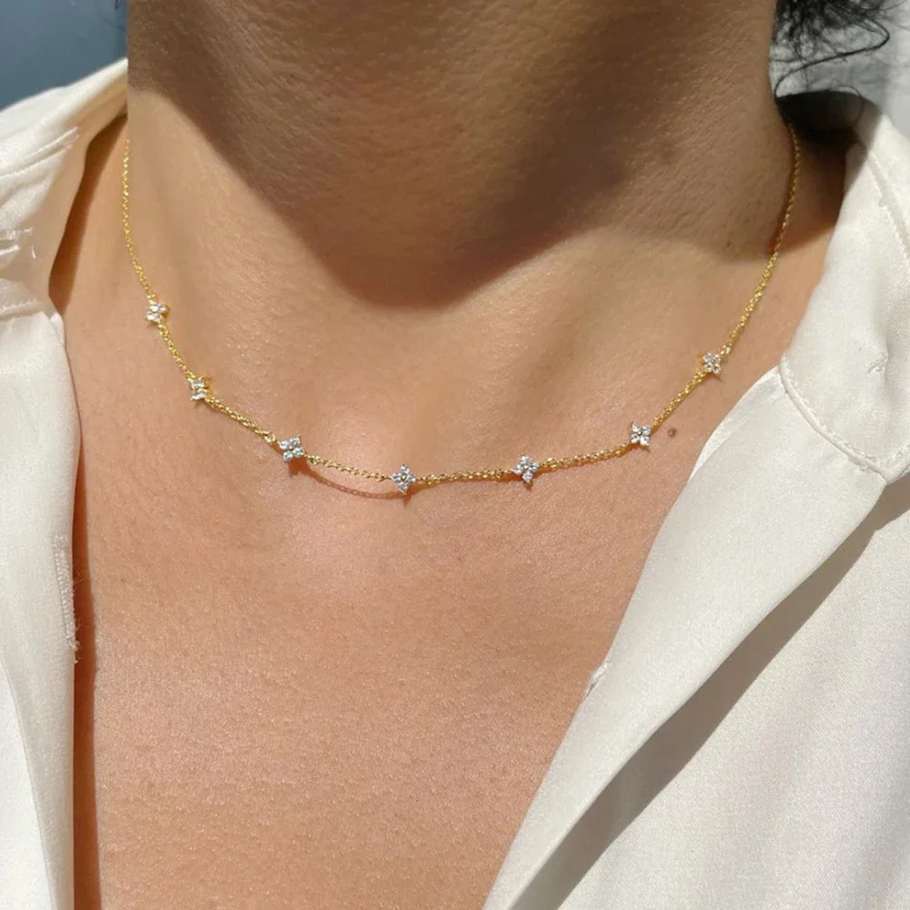 Stainless Steel Zircon Necklaces for Women 18K Gold Plated Four Leaf Grass Collar Chain Necklace Jewelry Gift 260311