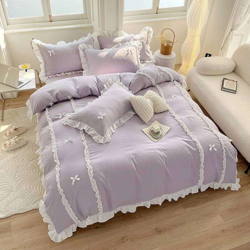 Korean Princess Style Bedding Sets Ins Lace Bowknot Duvet Cover Fitted Sheet For Girl Woman Home Bedroom Kawaii Bed Linens H260312