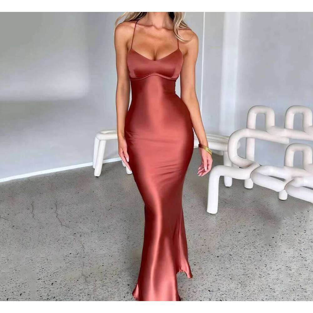 Sexy halter satin dress, a new autumn fashion backless strappy cinched-waist long dress C260312