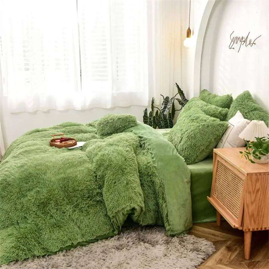Duvet Full Size Green Ultra Soft Shaggy Fluffy Comforter Fuzzy Quilt Bedding Set 3Pcs 1Duvet Cover