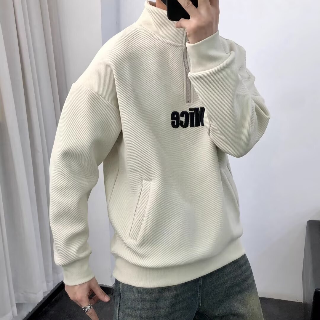 White Minimalist Printed Designer Hoodie Loose-fit Half-high Collar Sweatshirt Autumn New Style Unique Trendy Fashion Casual Men's Top