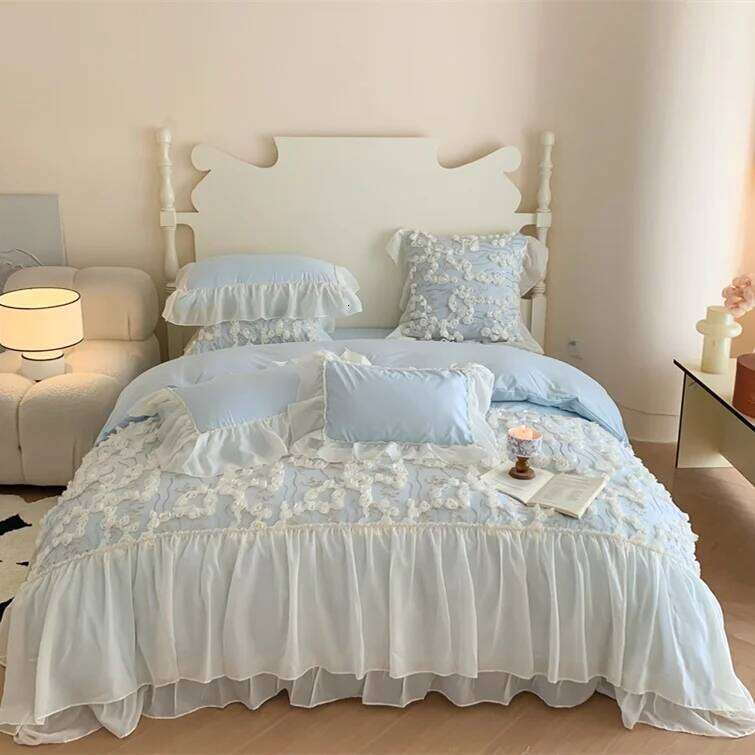 4Pcs Korean Princess Style Cotton 100% Bedding Set Three-Dimensional Chiffon Lace Duvet Cover 200x230 220x240 Four Seasons H260312