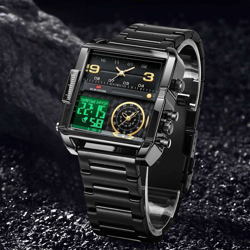 2025 New LED Fashion Square Creative Quartz Movement Black Stainless Steel Waterproof Timing Electronic Watch for Men