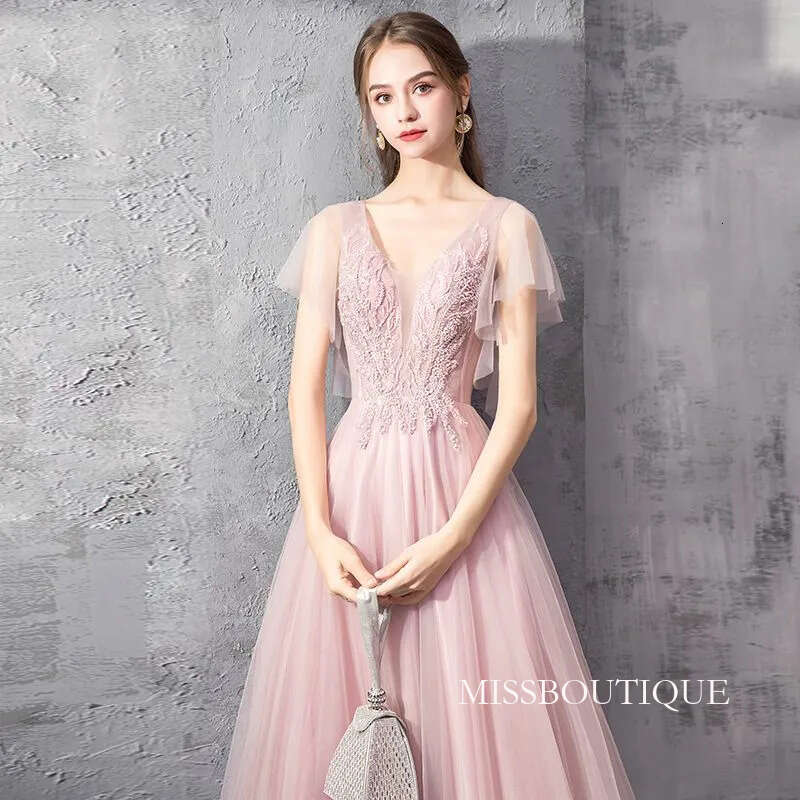 Elegant Pink Evening Dresses A Line V Neck Appliques Tulle Long Bridesmaids Prom Gowns For Women Formal Occasion Robes F12 B0312