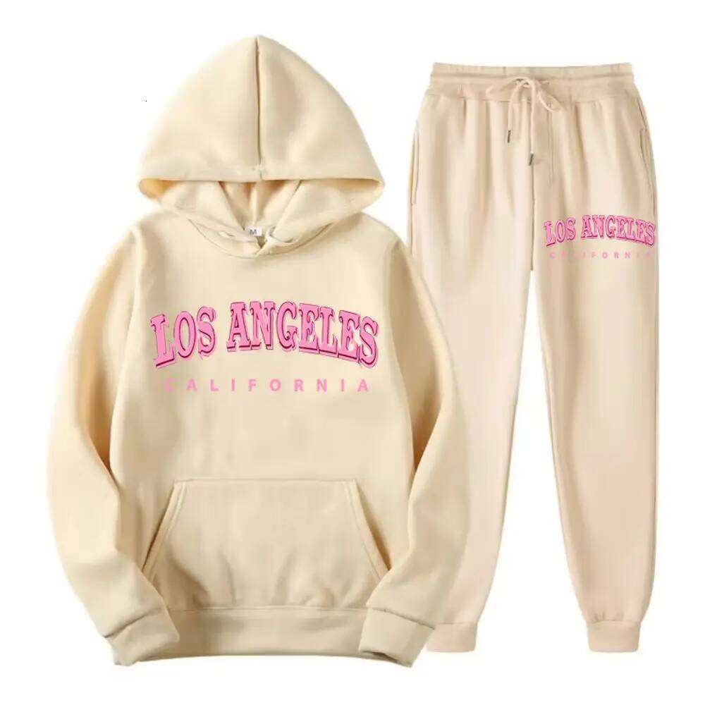 Two Piece Set Street Womens Hoodie & Pants Fleece Pocket Loose Pullover Los Angeles California Print Clothes Fashion Sportswear C260312