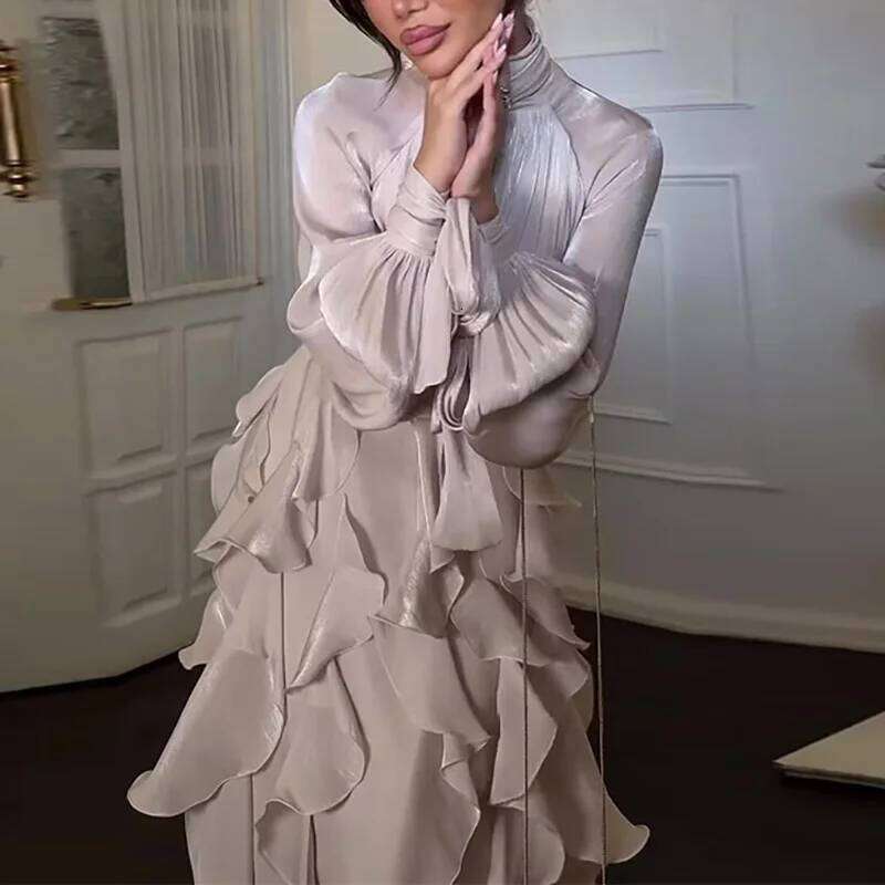 Spring Fall Elegant Evening Long Women Fashion Half-high Collar Waist Slim Holiday Casual Ruffled Solid Party Dress C260311