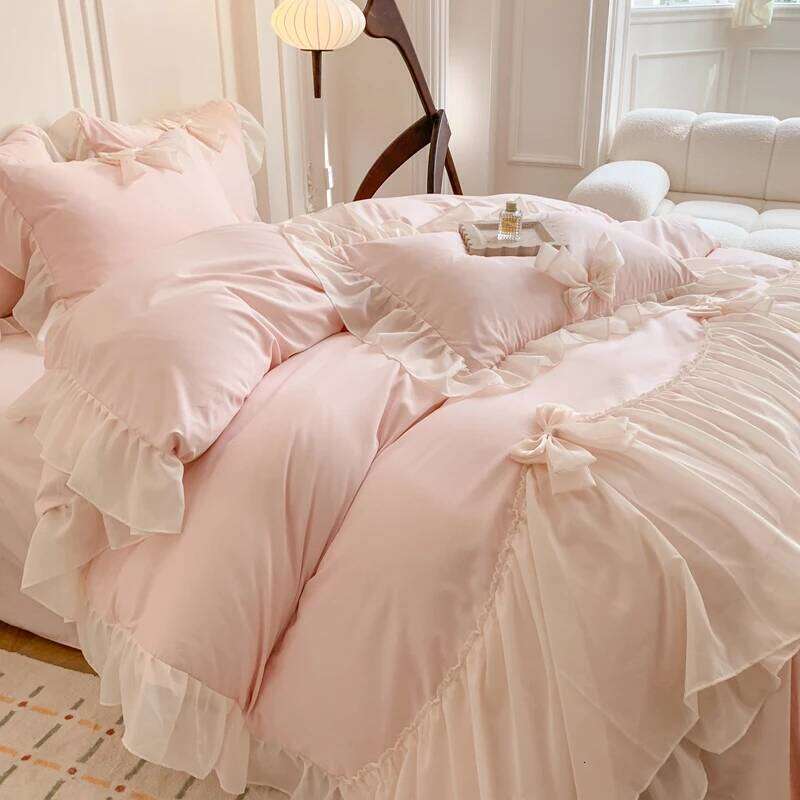 Korean Style Princess Lace Bow Bedding Set Pink Sweet Girl Chiffon Ruffles Duvet Cover Bed Sheet Pillowcase Wedding Home Textile H260312