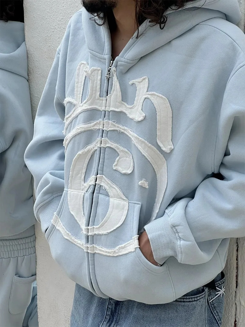 Y2K Clothing Fashion Letter Embroidery Patch Zipper Hooded Sweater Men Gothic Harajuku Hip Hop Casual Sweatshirt 260311