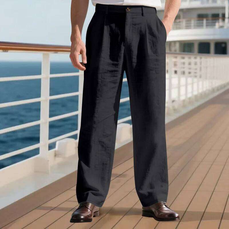 Amazon European and American men's linen solid color casual suit pants new fashion beach wide-leg trousers