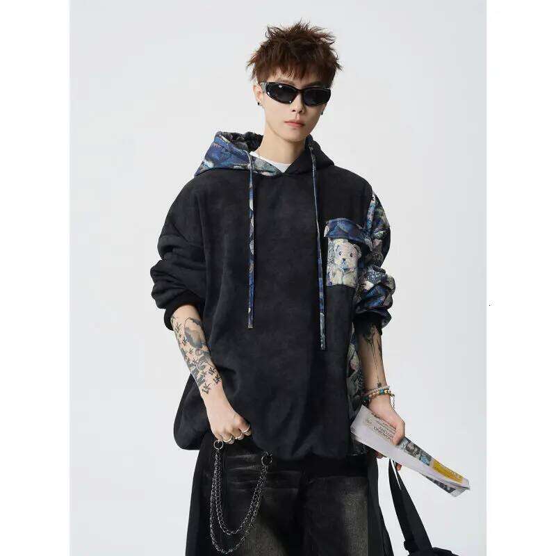 2026 New Retro Floral Print Men's Hoodie Tie Dye Patchwork Contrast Sleeve Oversized Streetwear Hooded Sweatshirt