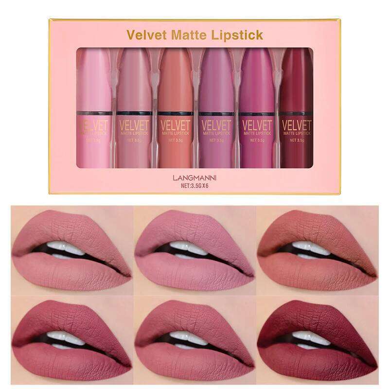 Langmanni with matte finish, waterproof and not easy stick to cups, 6-color gift box lipstick set W260311