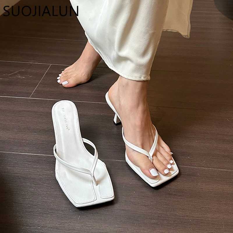 SUOJIALUN 2023 Summer Thin High Heel Women Slipper Fashion Narrow Band Slip On Ladies Flip Flop Outdoor Dress Sandal Slides Shoe K260312