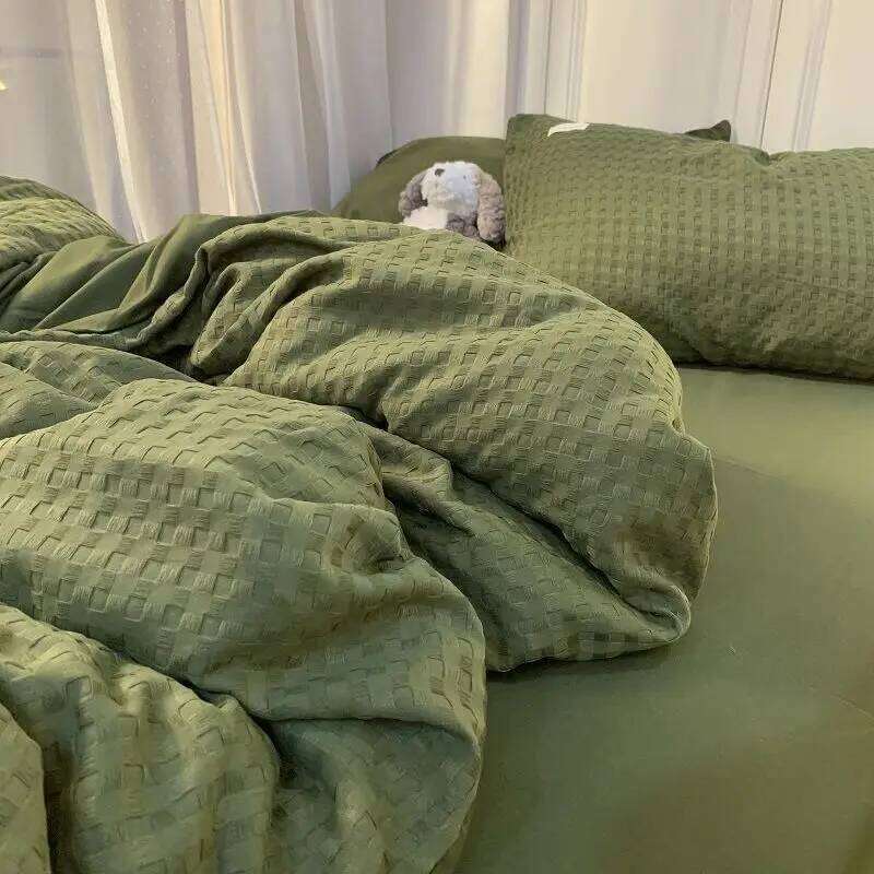 Bedding Set High Grade Light Washable Cotton Waffle Four Olive Green Quilt Cover Bed Sheet Dormitory Three Piece H260312