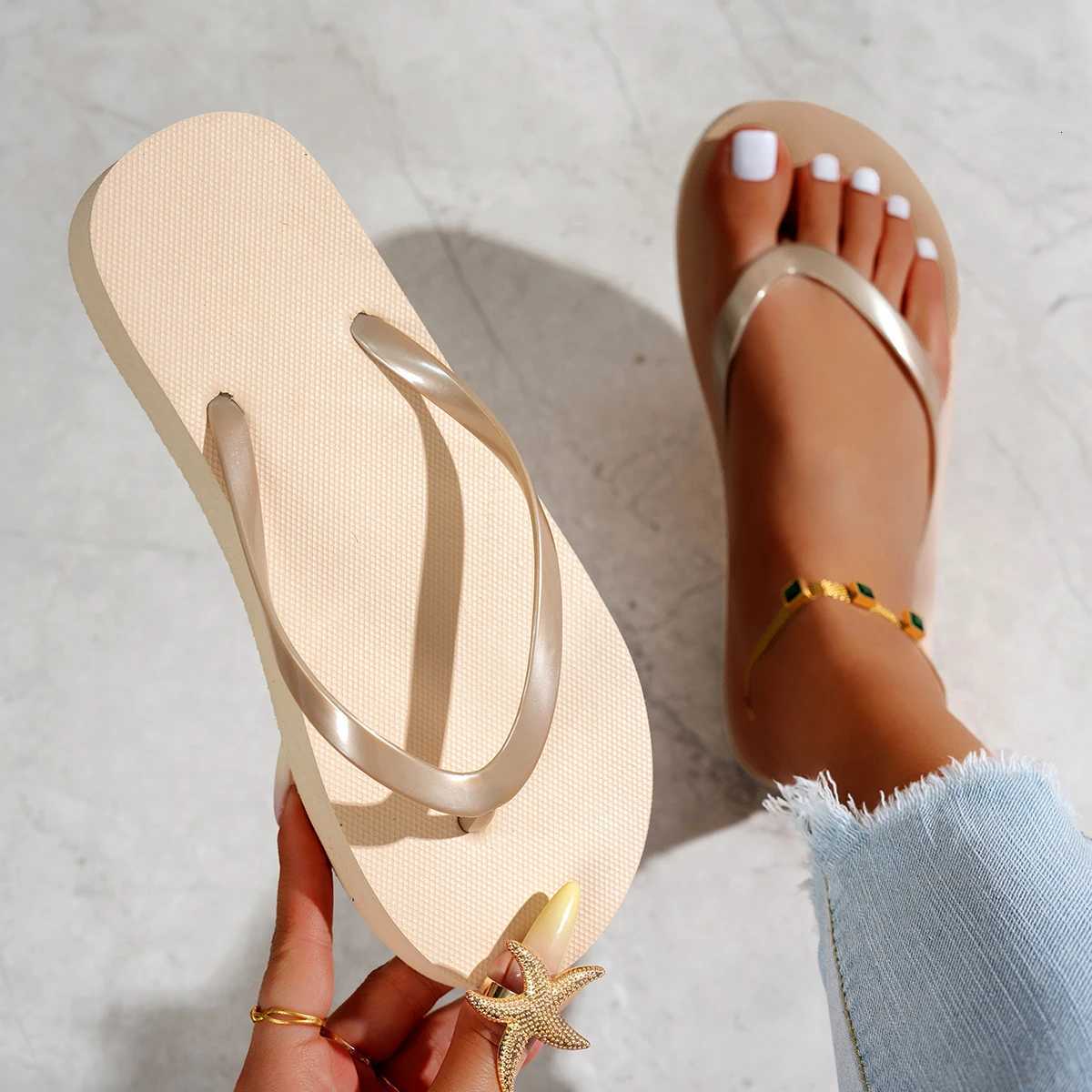 Womens Summer Solid-Color Beach Pool Bathroom Waterproof Non-Slip Breathable Round-Toe Thick-Sole Slip-On Flip-Flops K260312