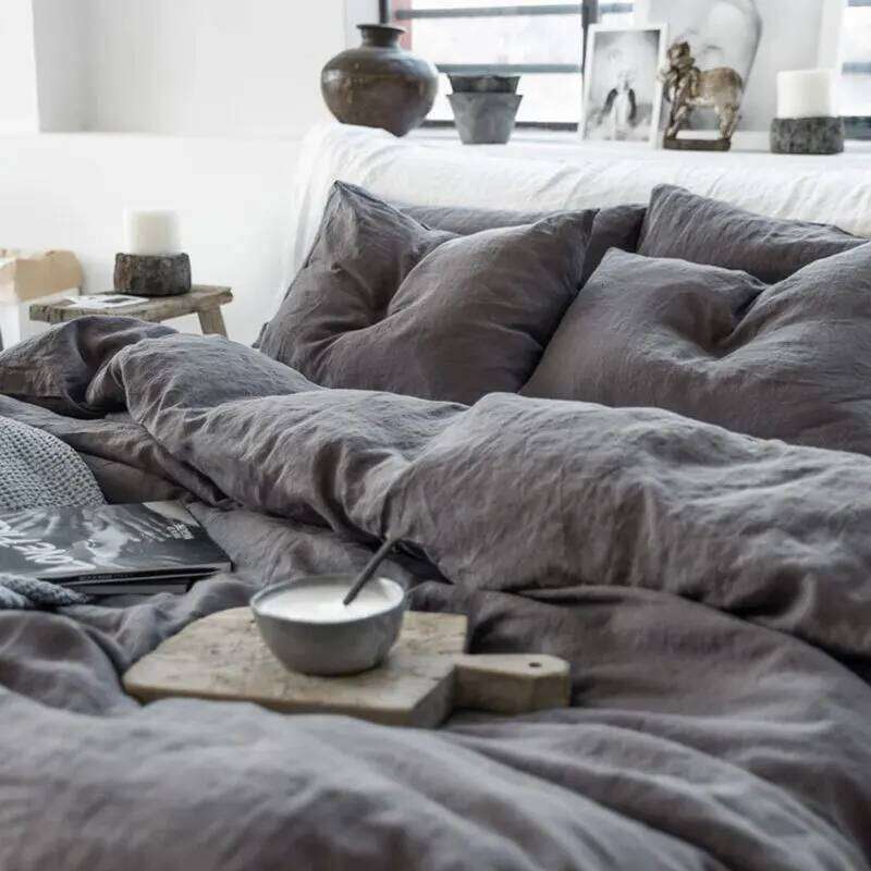 Bed 4 Piece 100% Pure Linen Flat 1 Deep Pocket Fitted Sheet 2 Pillowcases Flax Sheets Bedding Set H260312