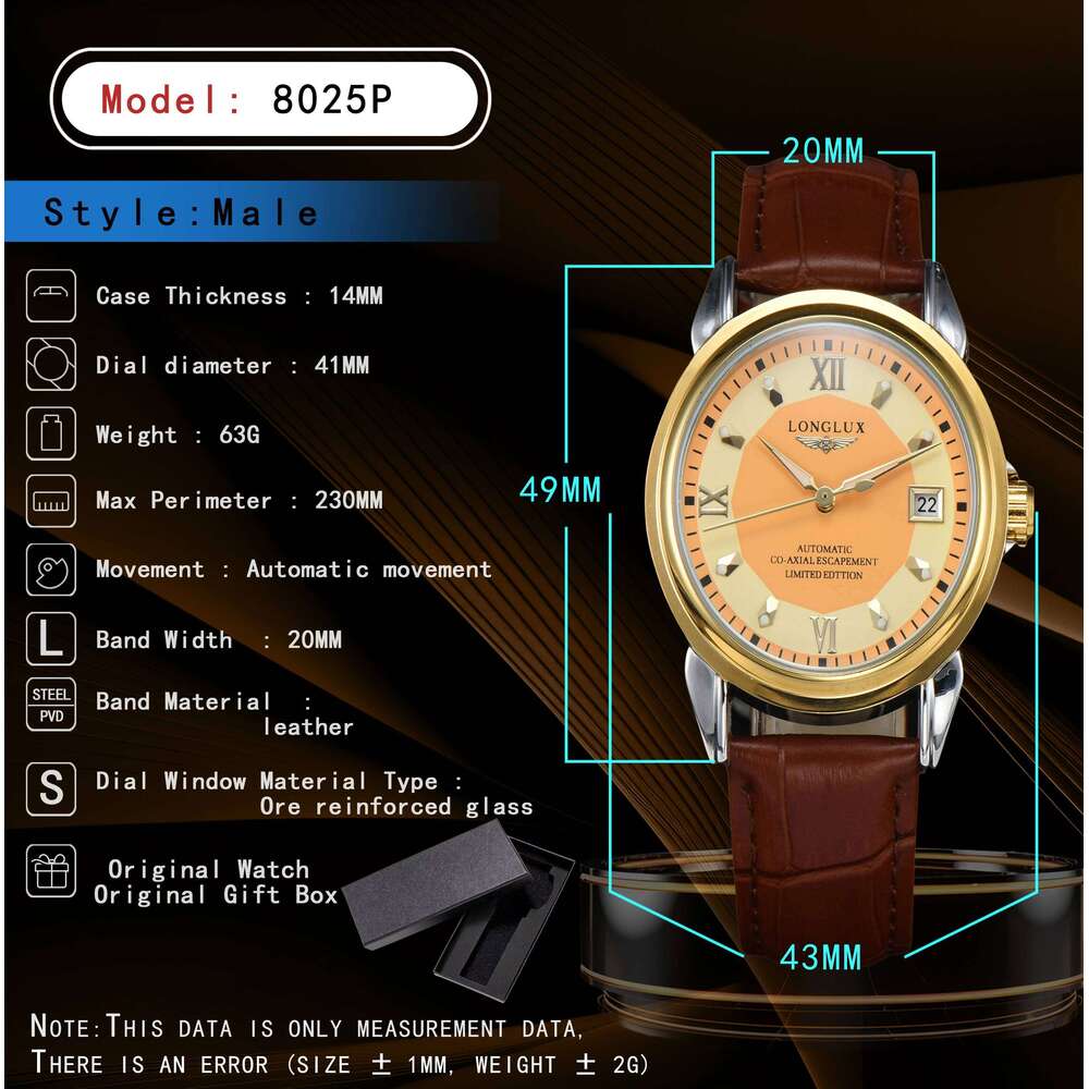 LONGLUX automatic man business leisure dating mechanical wristwatches day date waterproof leather mens watch men gift