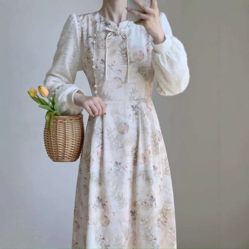 New Chinese-Style Floral Women, Autumn Winter New Model, With Added Fleece And Thickness, Suitable For Layering Under A Coat, Long Cheongsam Dress