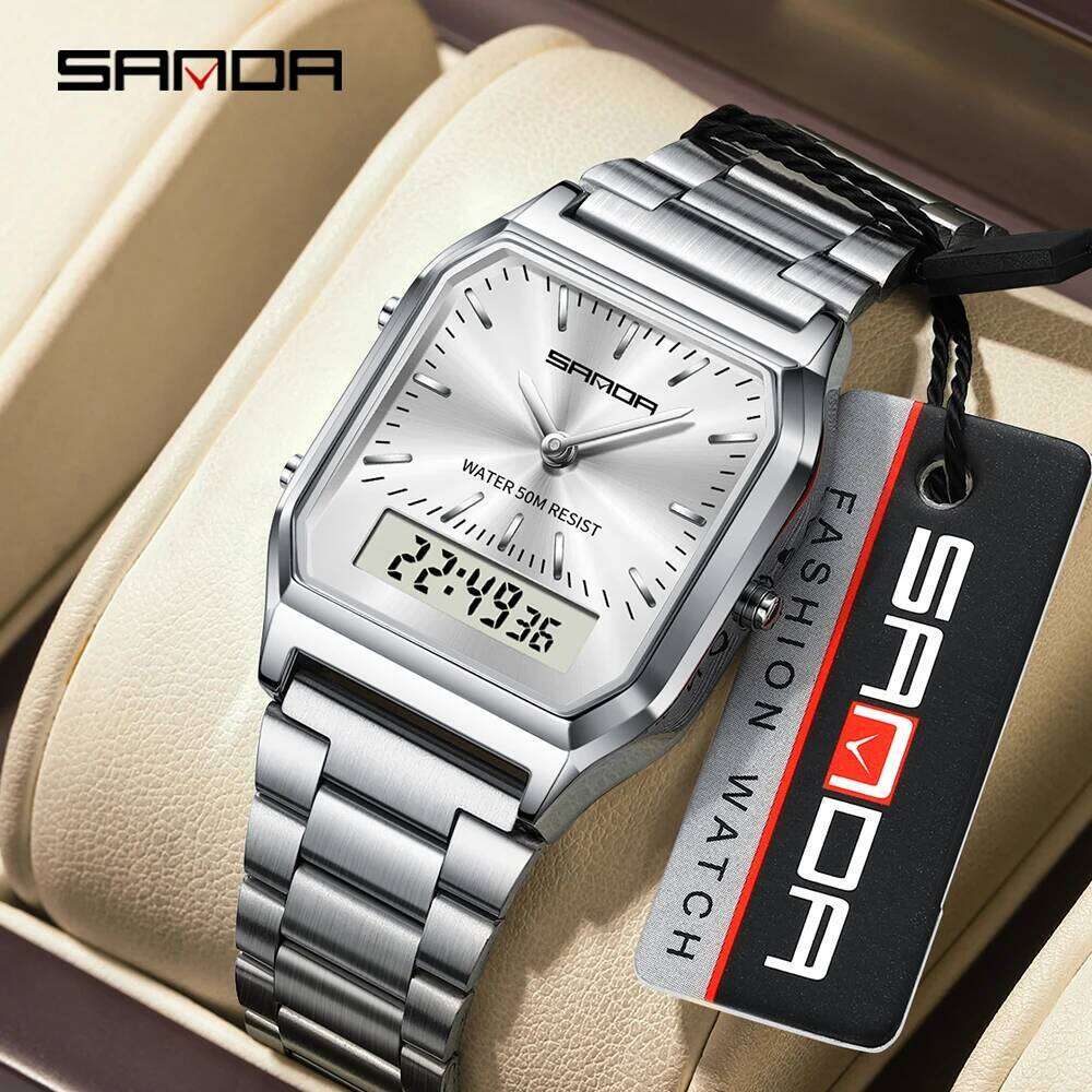 SANDA 747 Men's Quartz Digital Waterproof Casual Fashion Wear-resistant Stainless Steel Couple Strap Square Watch