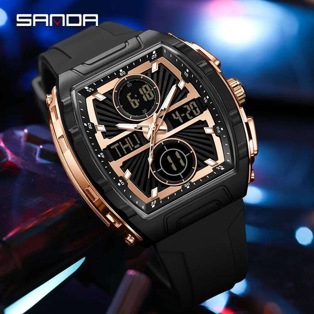 SANDA6231 Luxury Electronic Digital Fashion Trend Multi functional Clock Silicone Waterproof Weekly Date Men's Watch