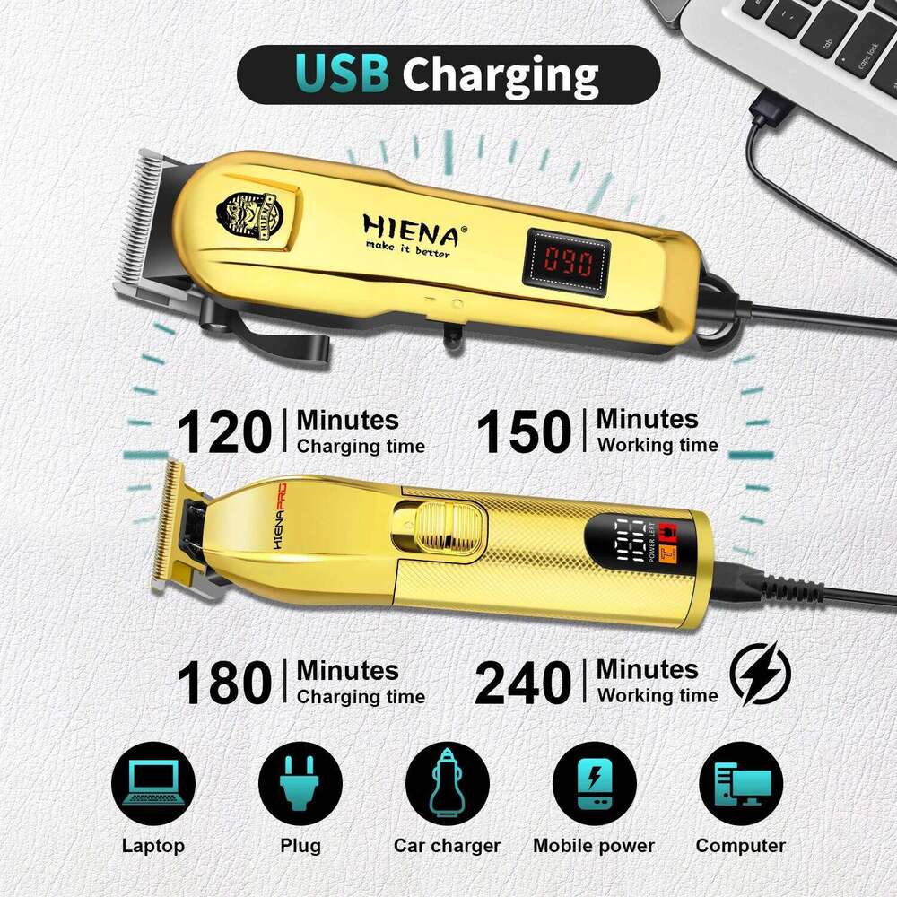 HIENA Professional Gold Hair & Trimmer Kit for Men, Cordless Barber Clippers with Digital Display, 240 Min Runtime C260312