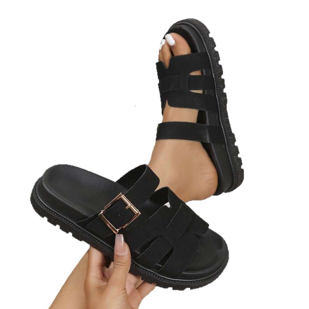 Designer Beach Sandals Thick-Soled Slippers for Women 2025 Summer New Large Size Cross-Border Platform Hollow One-Word Beach Sandals