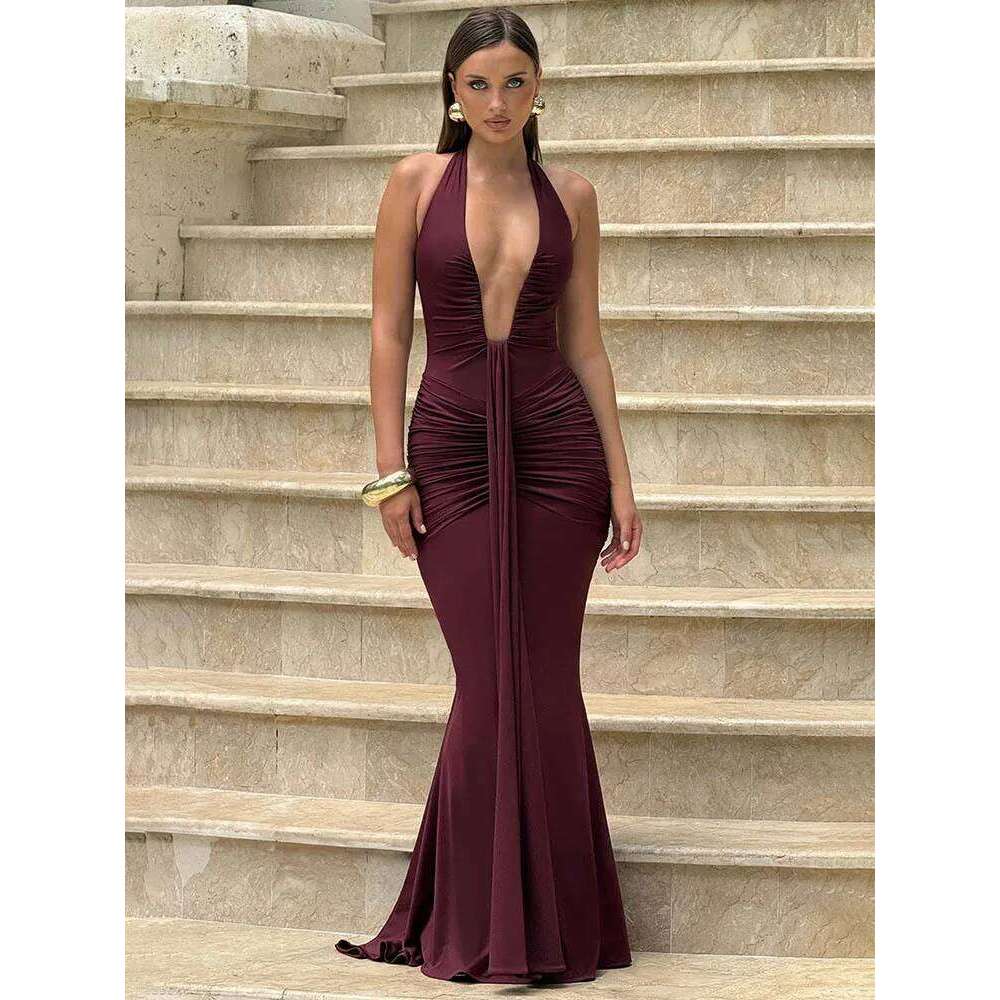 Mozision Deep V Neck Draped Ruched Sexy Maxi Women Summer Fashion Halter Sleeveless Backless Club Party Long Dress Elegant C260312