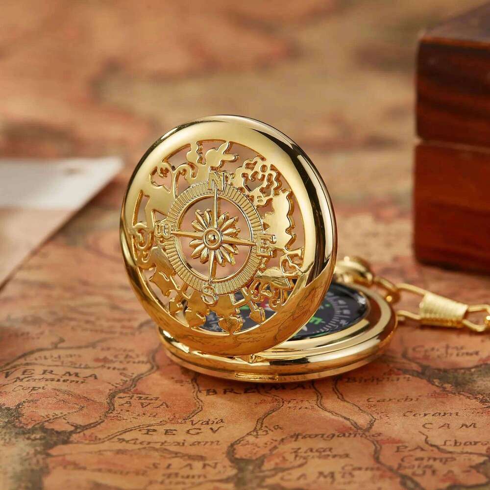 Creative Hollowed Out Classic Flip Compass Outdoor Hiking Chain Pendant Men Women Pocket Watch Reloj