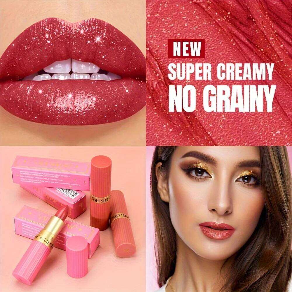 Coral Pearlescent Lipstick - Waterproof, Long-Lasting Shimmer Gloss with Golden Cap, Non-Sticky Formula, Easy Application W260311