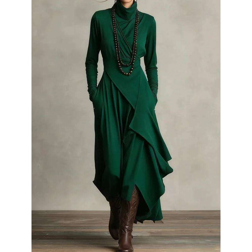 Spring Autumn Long Sleeve Solid Party Women Holiday Turtleneck Simple Irregular Dress, New Fashion Patchwork Ladies Dress C260312