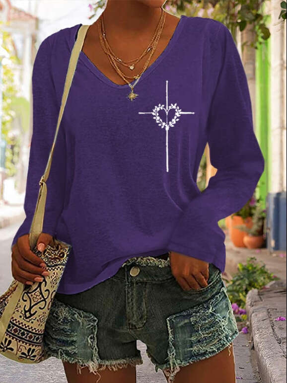 Women's Solid Color Fashion V-neck Long Sleeved T-shirt Ladies Casual Simple T-shirt