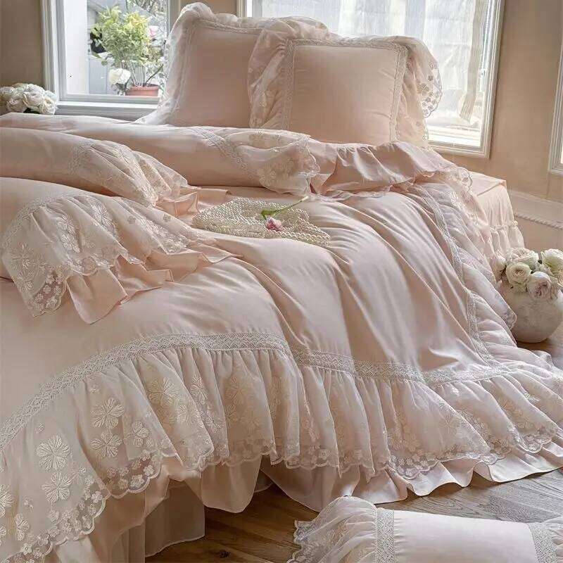 1200TC Egyptian Cotton Lace Ruffles Princess Wedding Style Pink Bedding Set Duvet Cover Flat/Fitted Bed Sheet Pillowcases 4Pcs H260312