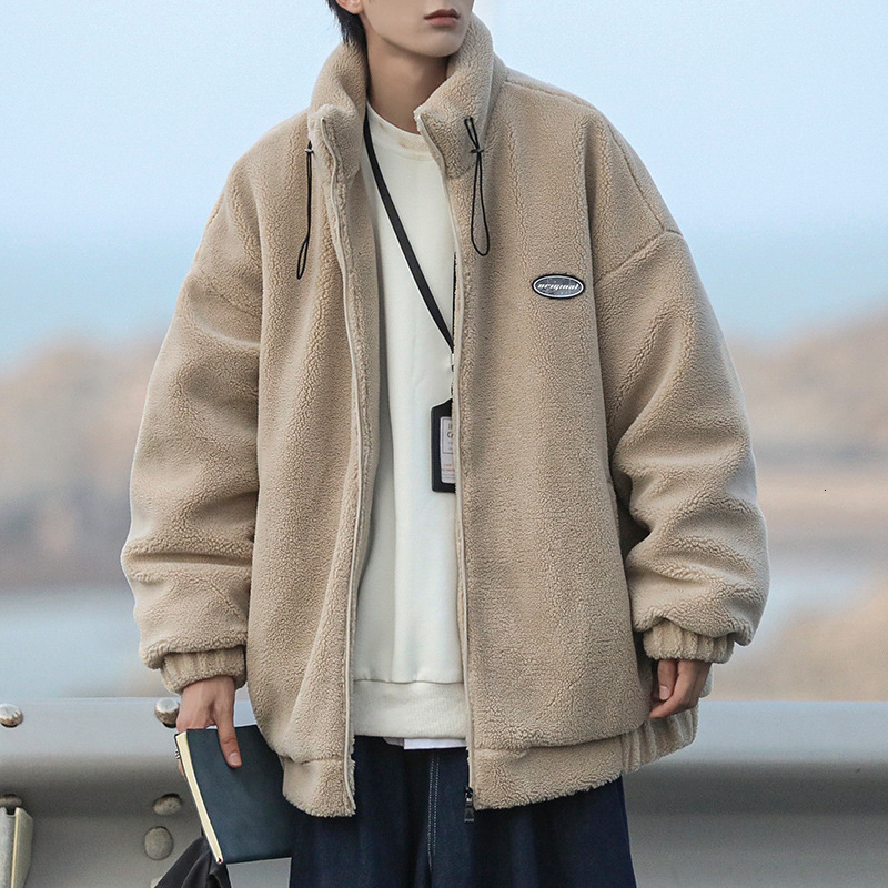 City Boy Cotton Jacket For Men Winter Fleece Lined Thickened Designer Hoodie Style Lamb Wool Coat Loose Trendy Stand Collar Cotton Jacket