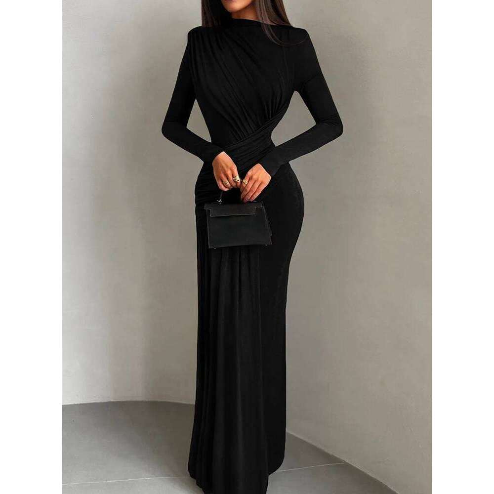 Nibber Folds Maxi Dress Women o-Neck Full Sleeve Solid Banquet Elegant Vacation Fashion Autumn Skinny Casual Simple Vestidos C260312