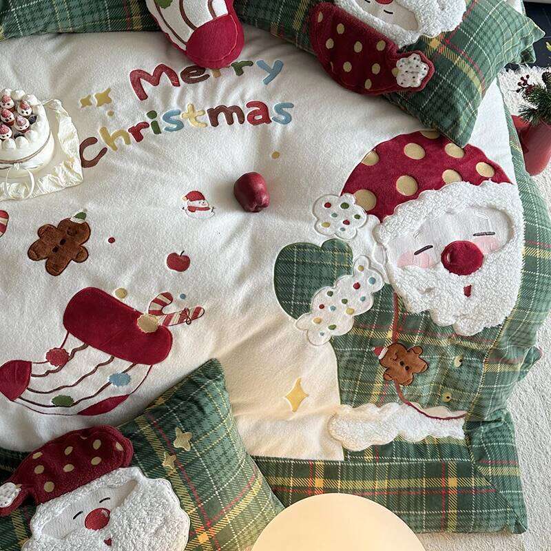3/4Pcs Cute Santa Claus Embroidery Winter Warm Milk Velvet Bedding Set Single Duvet Cover Bed Sheet Pillowcases Christmas Gifts H260312