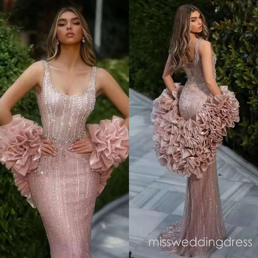 Luxury Evening Dresses Crystal Prom Gown Beading Ruffle Detachable Train Mermaid Sequins Rhinestone Customized Vestidos De Noche Plus Size
