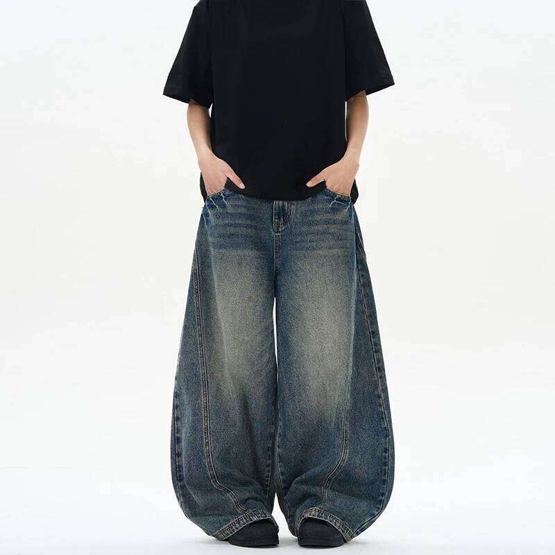 Spring New Men's Jeans Oversized Wide Leg Pants Loose Vintage Patchwork Lightning Cracked Denim Trousers Streetwear Male 26Y0312